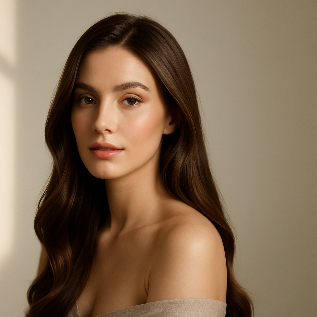 Elegant woman with healthy shiny hair and natural soft makeup in minimal beauty studio setting