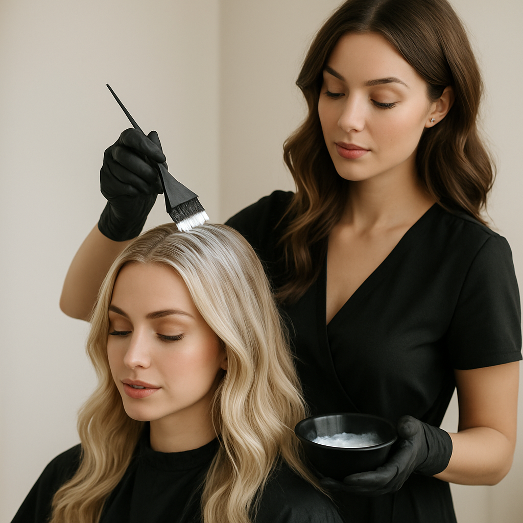 Hair stylist performing color correction and toner application in bright salon environment