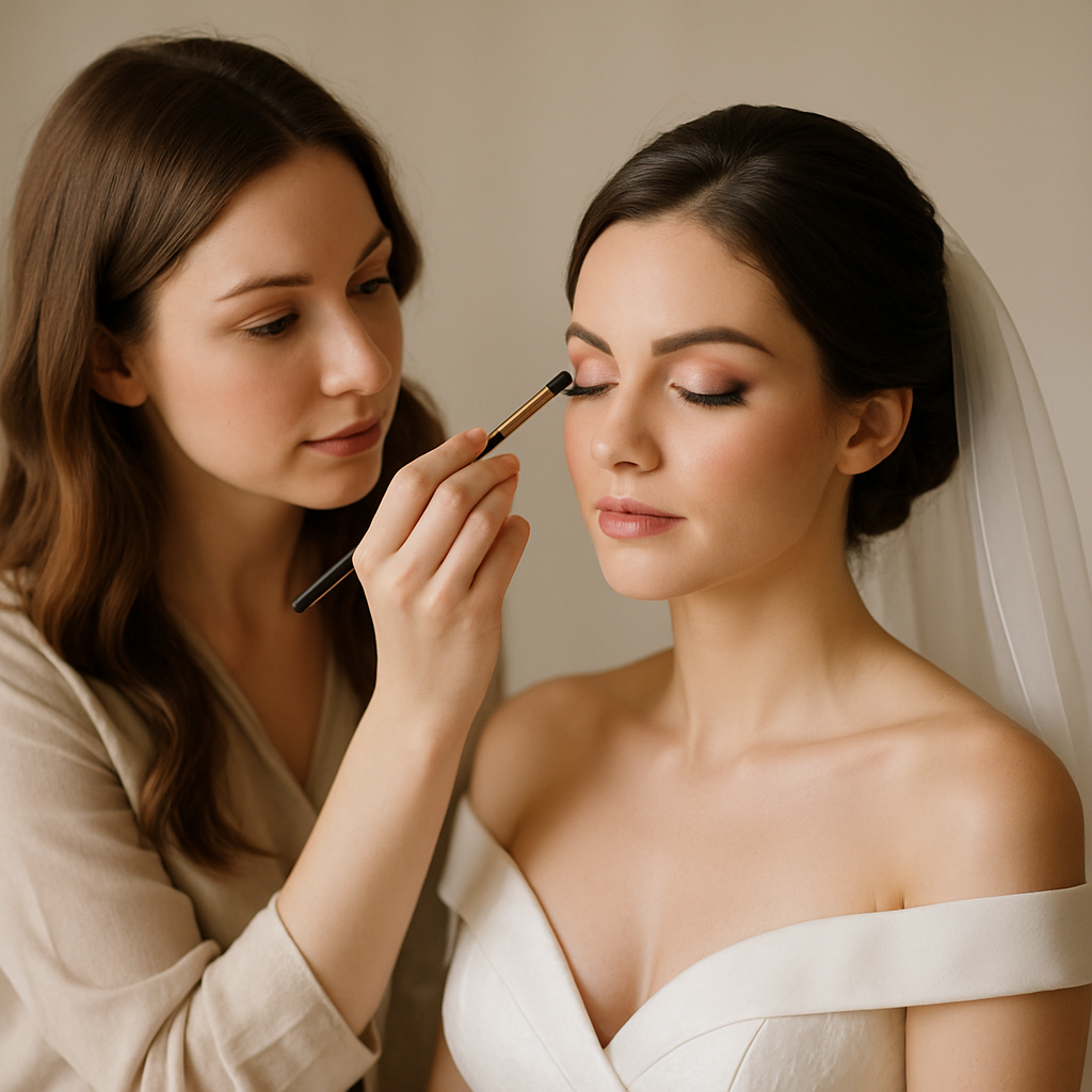 Bridal makeup artist applying finishing touches with soft lighting and elegant atmosphere