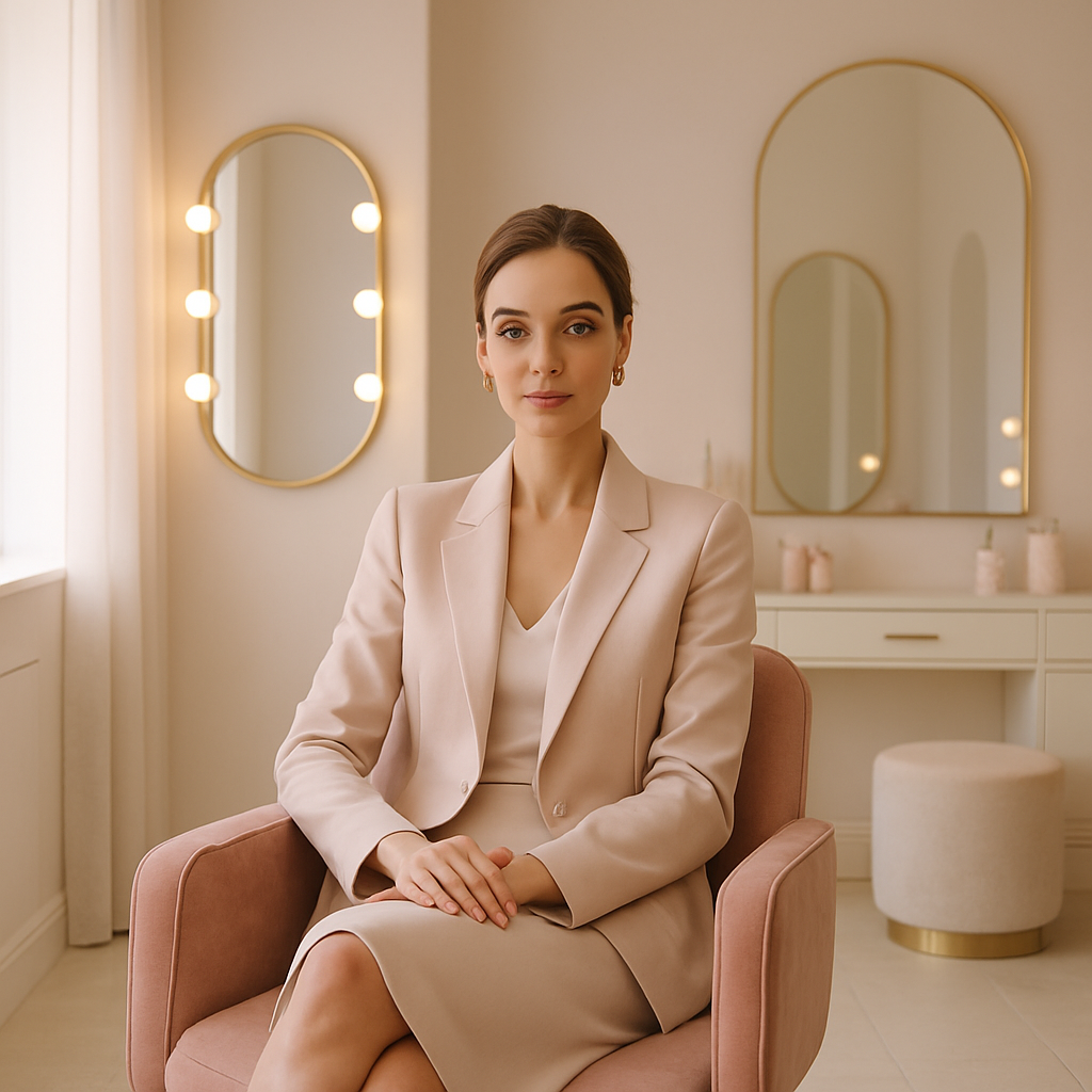 Elegant woman seated in modern beauty salon interior with soft pastel tones and feminine glam style