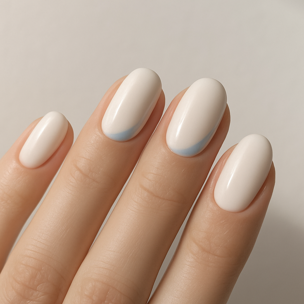 Close-up of delicate white base and sky-blue accent nail art in soft glam style
